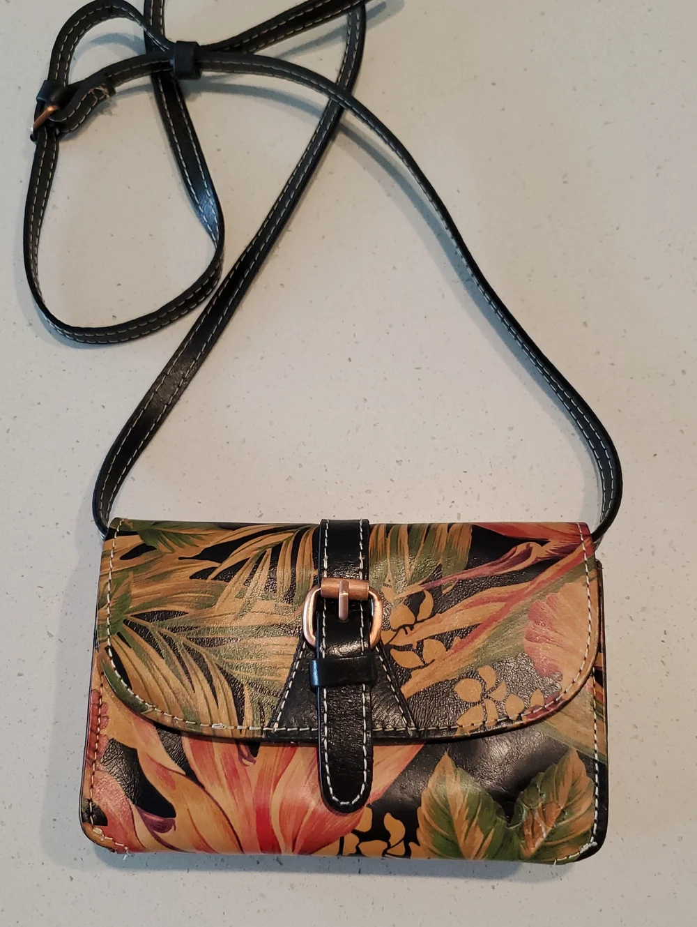 Black Floral Print Leather Handbag with Tan Suede Interior - Picture 2 of 6